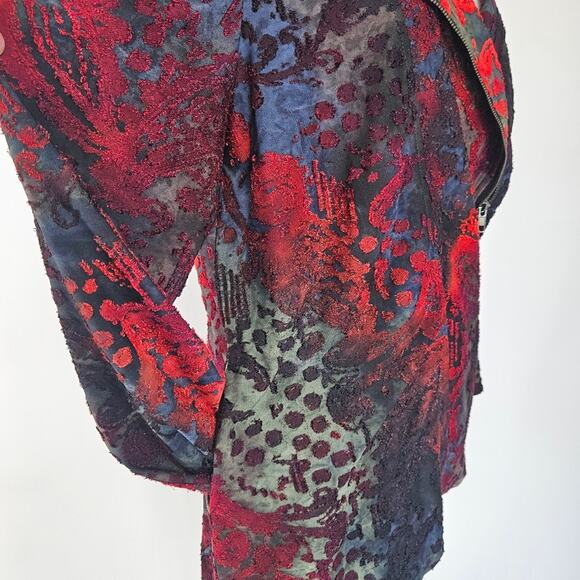 Calessa Velour Print Burnout Knit Draped Asymmetric Zip Front Cardigan - Picture 5 of 13
